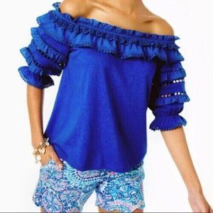 Lilly Pulitzer Brentwood Off-The-Shoulder Top Ruffle Blue XL